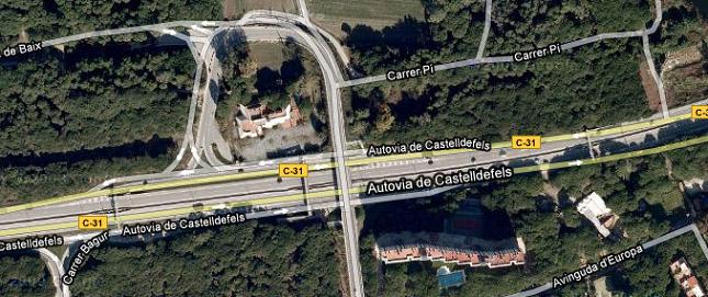 Imatge sat�l�lit de la corba al voltant de l'antiga discoteca Silvi's que t� la sortida 185 de l'autovia de Castelldefels a Gav� Mar
